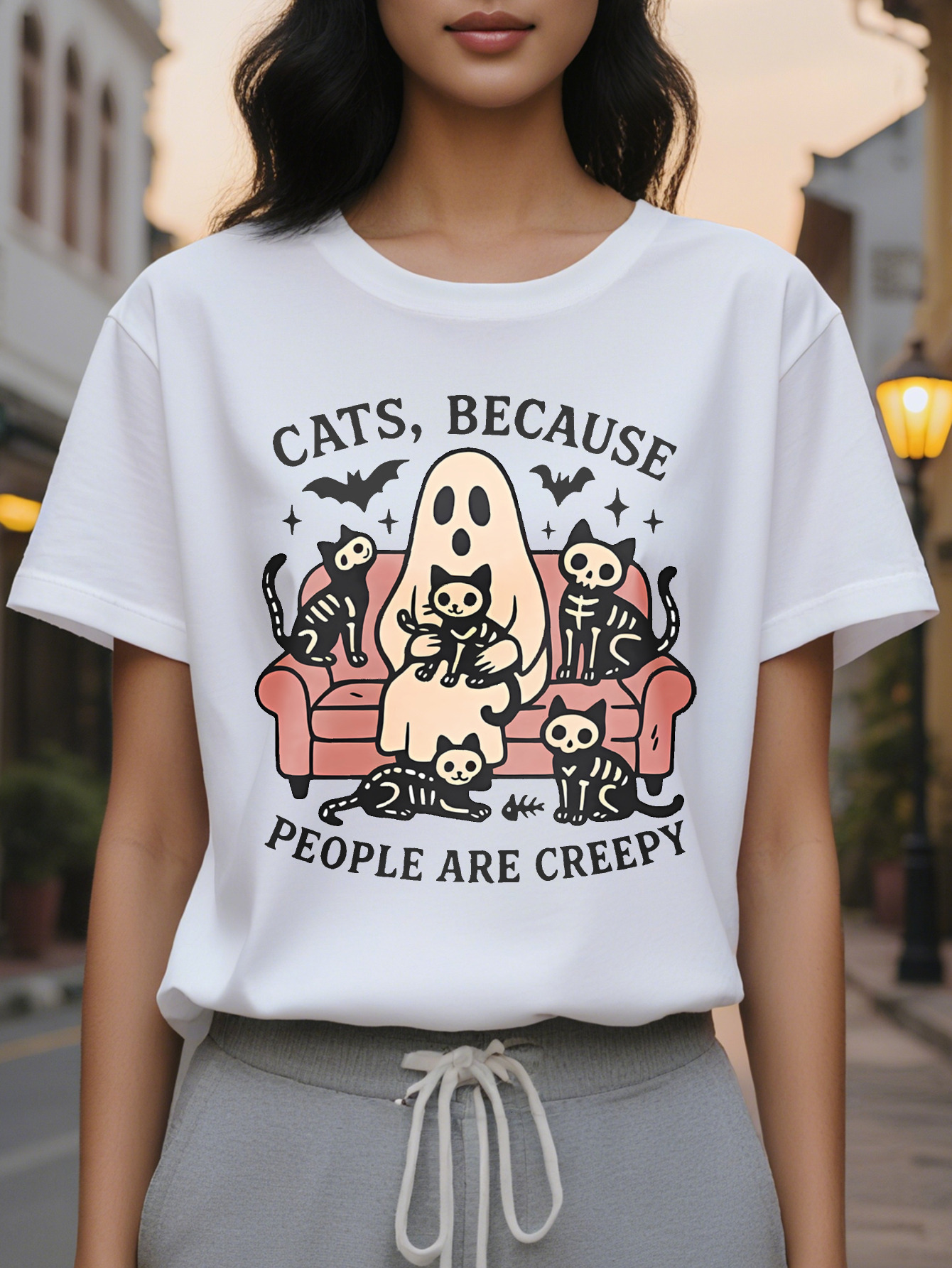 Ladies Funny Cats Because Humans are Too Weird Halloween Thanksgiving T-shirt Red Short Sleeve Casual Top Ghost
