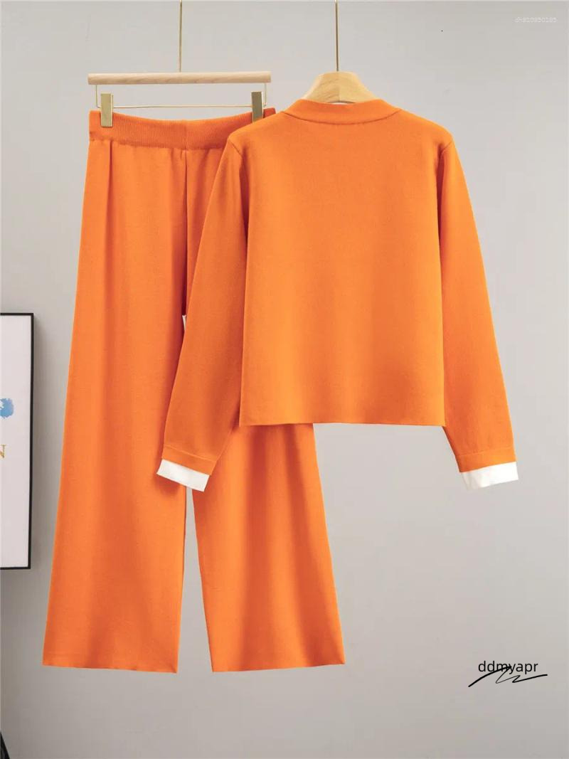 Women's Two Piece Pants Korean Design Knitted 2 Sets Women Big Button V-Neck Long Sleeve Ddmyday Cardigan Tops Conjuntos High Waist Wide Leg Outf