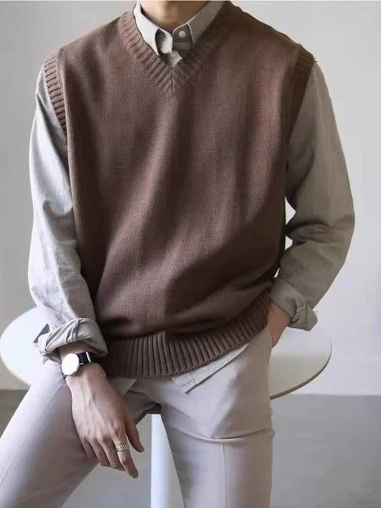 Man Clothes Waistcoat Vest Knitted Sweaters for Men Brown Business Smooth Sleeveless Cotton Knitwears Korean 2024 Autumn WinterXJ250904
