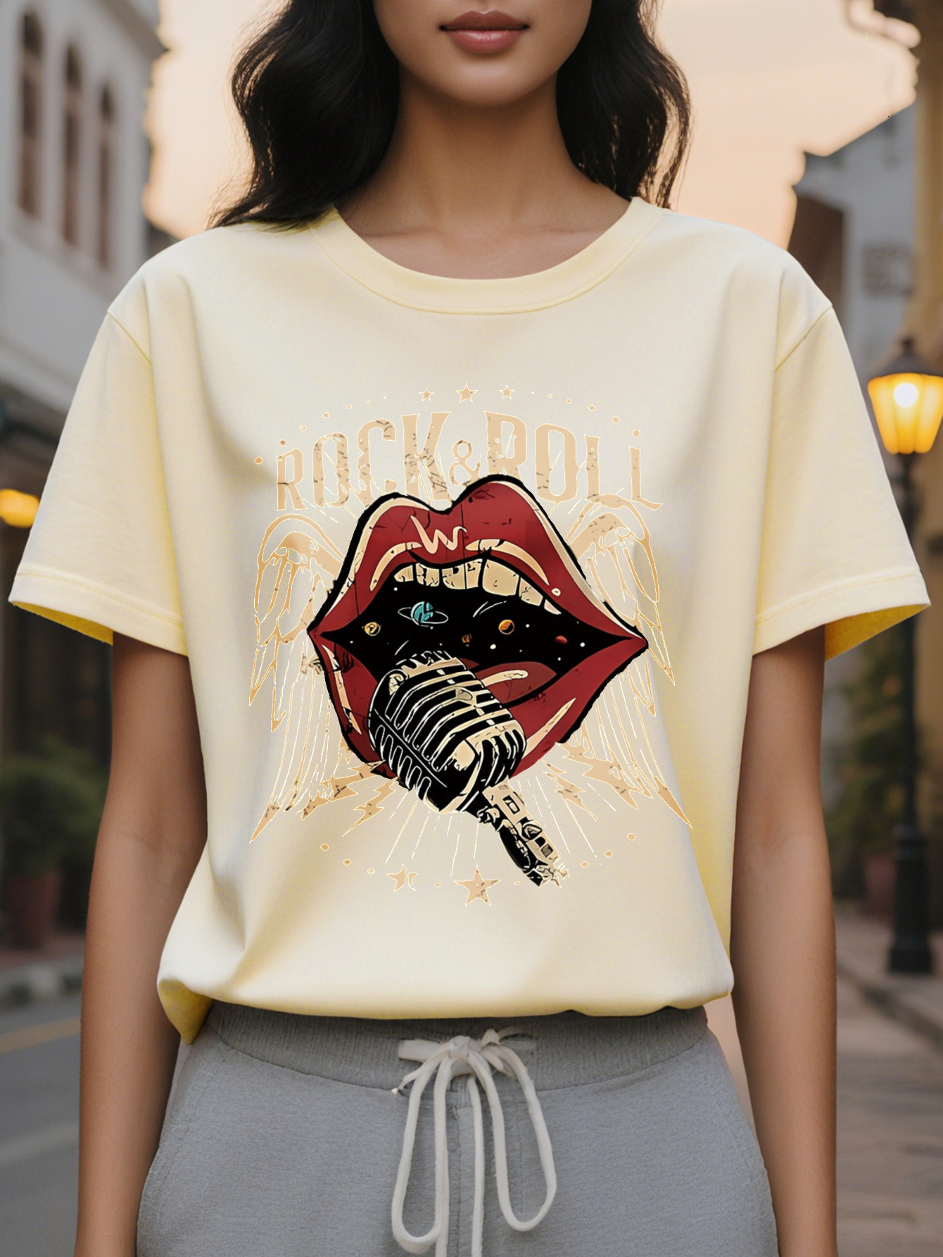 Large XL Women S Vintage Roll Microphone Mouth Graphic Tee Crew Neck Short Sleeve T-Shirt Summer Fashion All-Season Top Plus Size