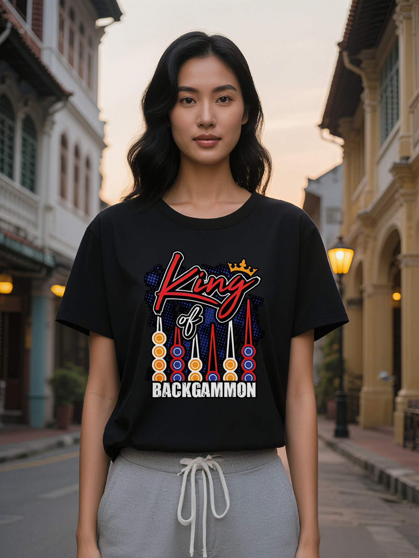 Large XL Casual King of BACKGAMMON Print T-Shirt Black Crew Neck Tee with Crown Swords Design Gaming Themed Apparel Perfect Plus Size