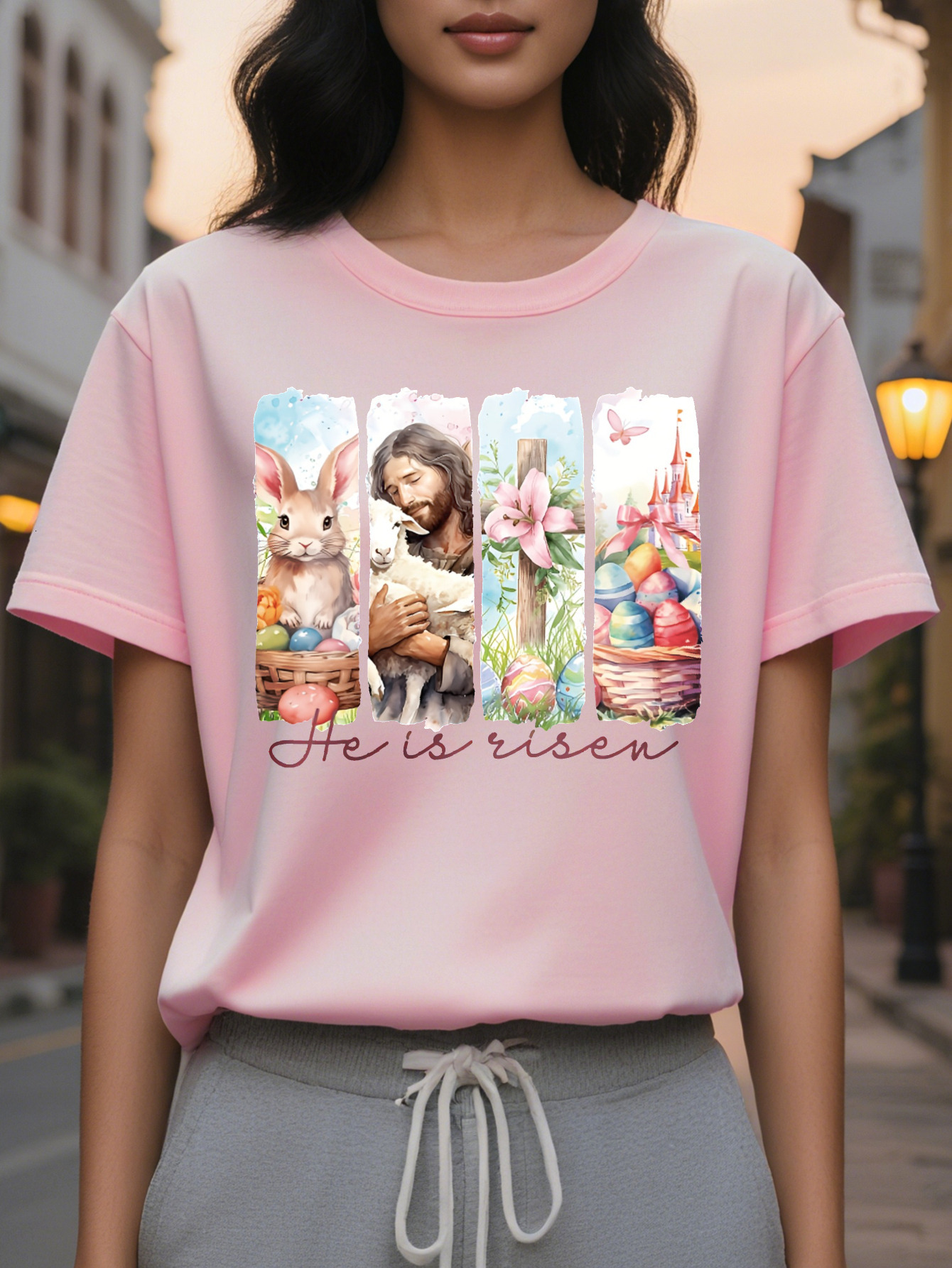 Large XL Women S Bunny Graphic T-Shirt He Is Risen Faith Design with Jesus Rabbit Silhouette Light Blue Casual Short Sleeve Plus Size