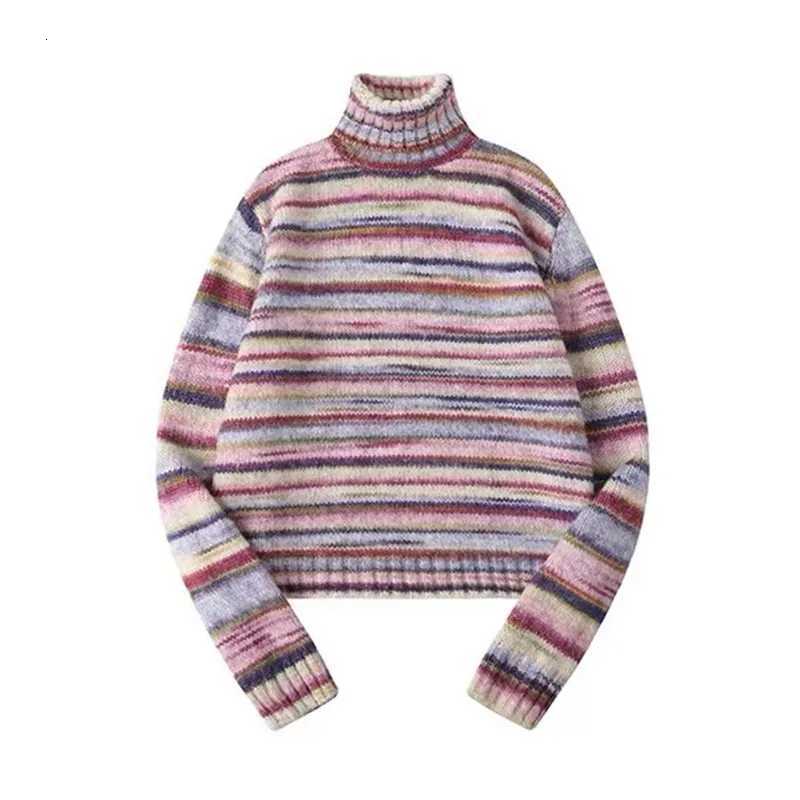 Karrram Japanese Y2k Turtleneck Sweater Vintage Rainbow Striped Pullover Korean Fashion Knitted Jumper Harajuku Grunge Knitwear M250904