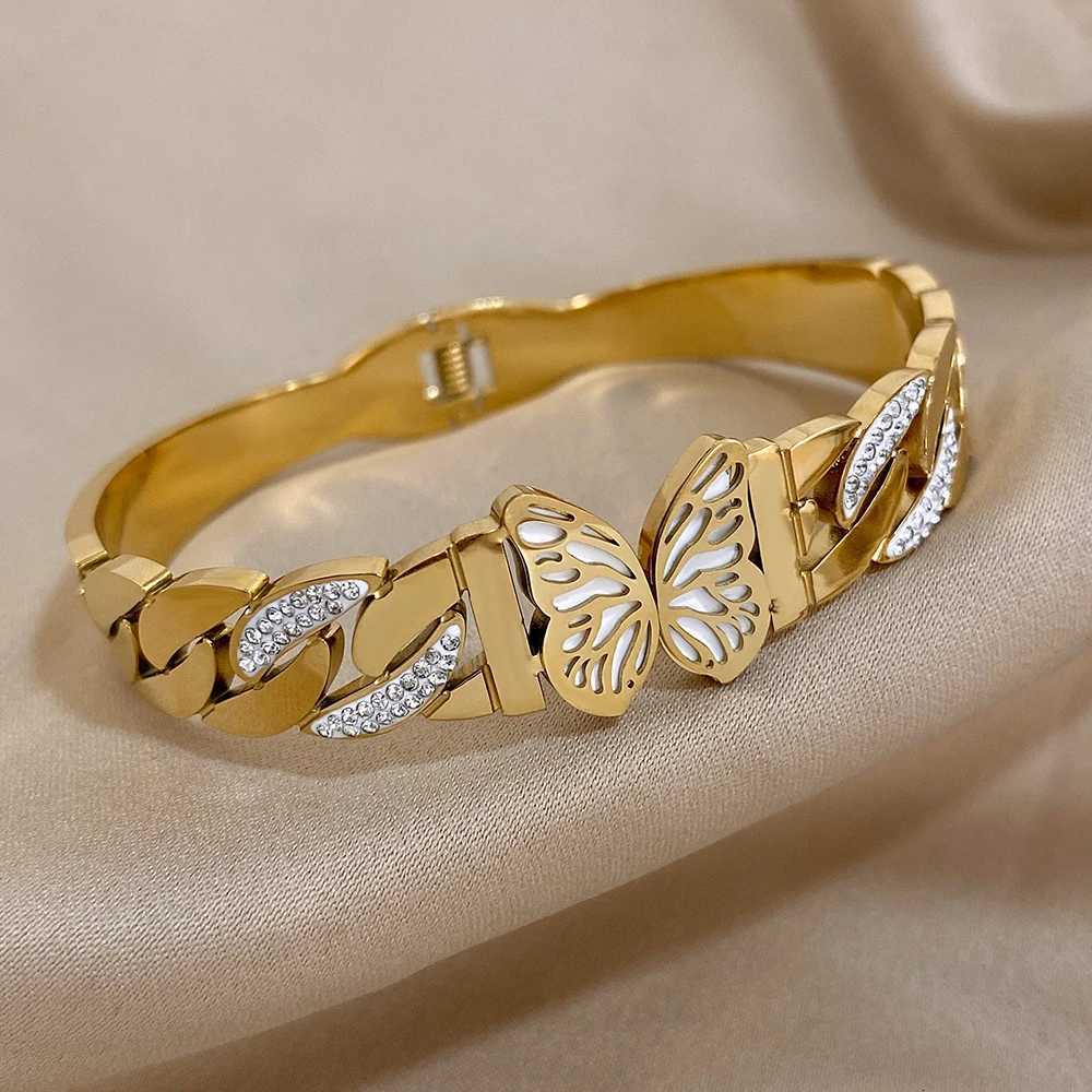 Charm Stainless Steel Bangle Bracelet For Women Luxury Rhinestone Wide Golden Chain Bracelets Wedding Party Jewelry Y250904
