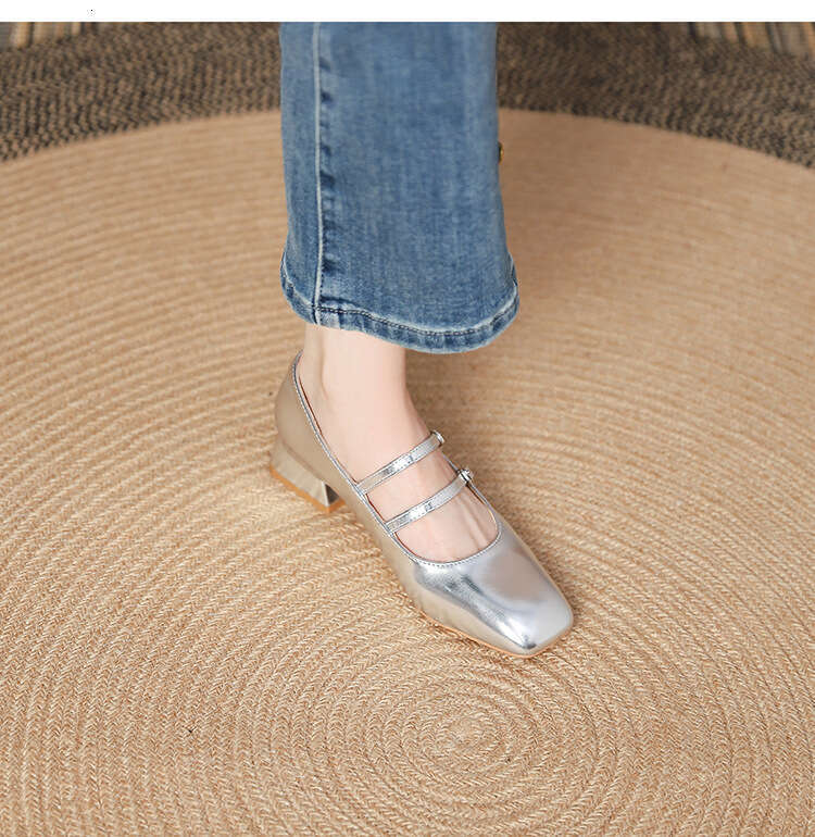 Elegant Squ Toe Designer Shoe One-Strap Mary Jane for Women 2025 Spring and Autumn New Genuine Leather Shallow Mouth Chunky Mid-Heel Single Wedding Sh