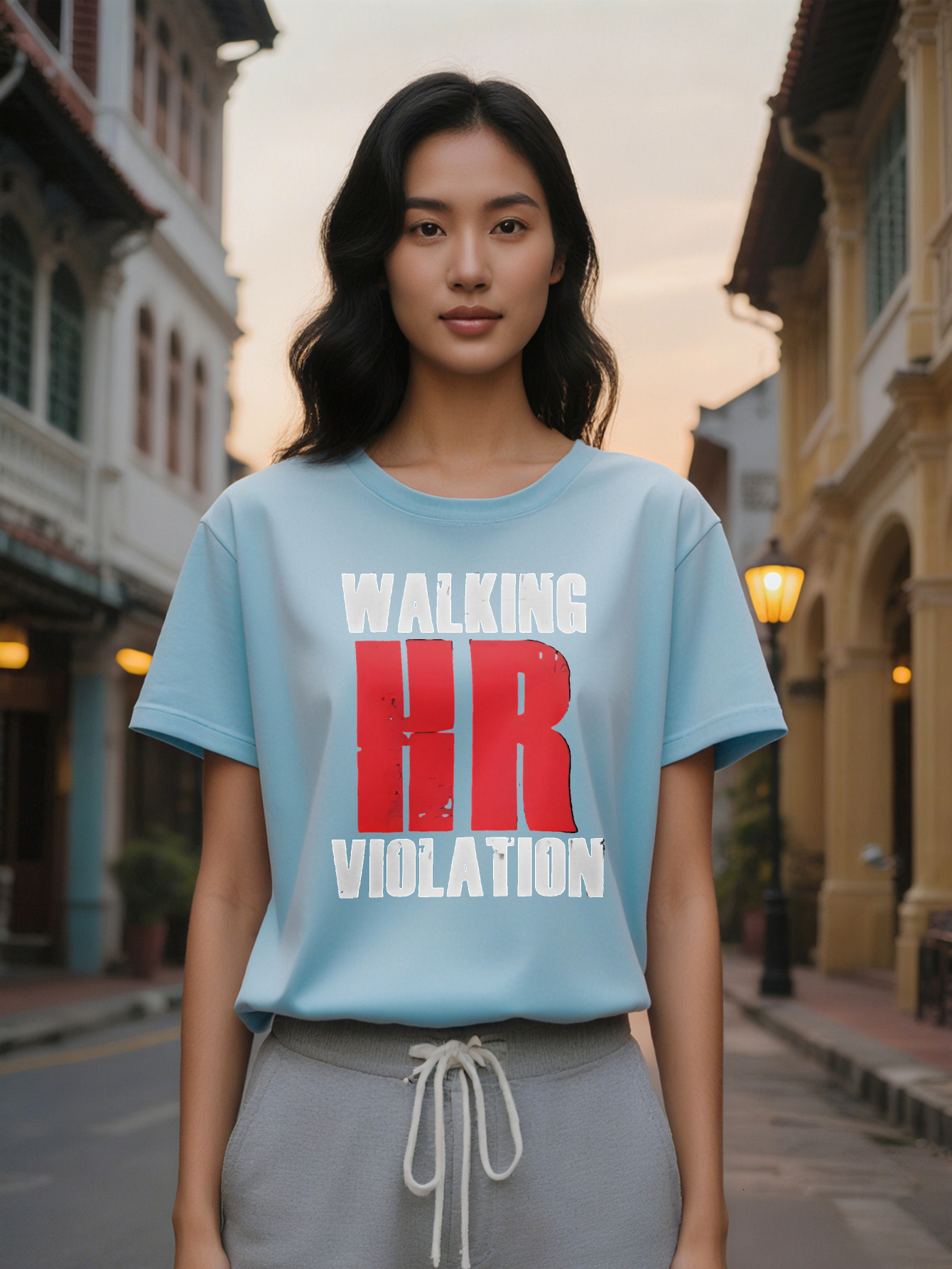 Large XL Women's Casual Versatile Round Neck T-Shirt WALKING HR VIOLATION Print Black with Red White Graphic Design Soft Plus Size