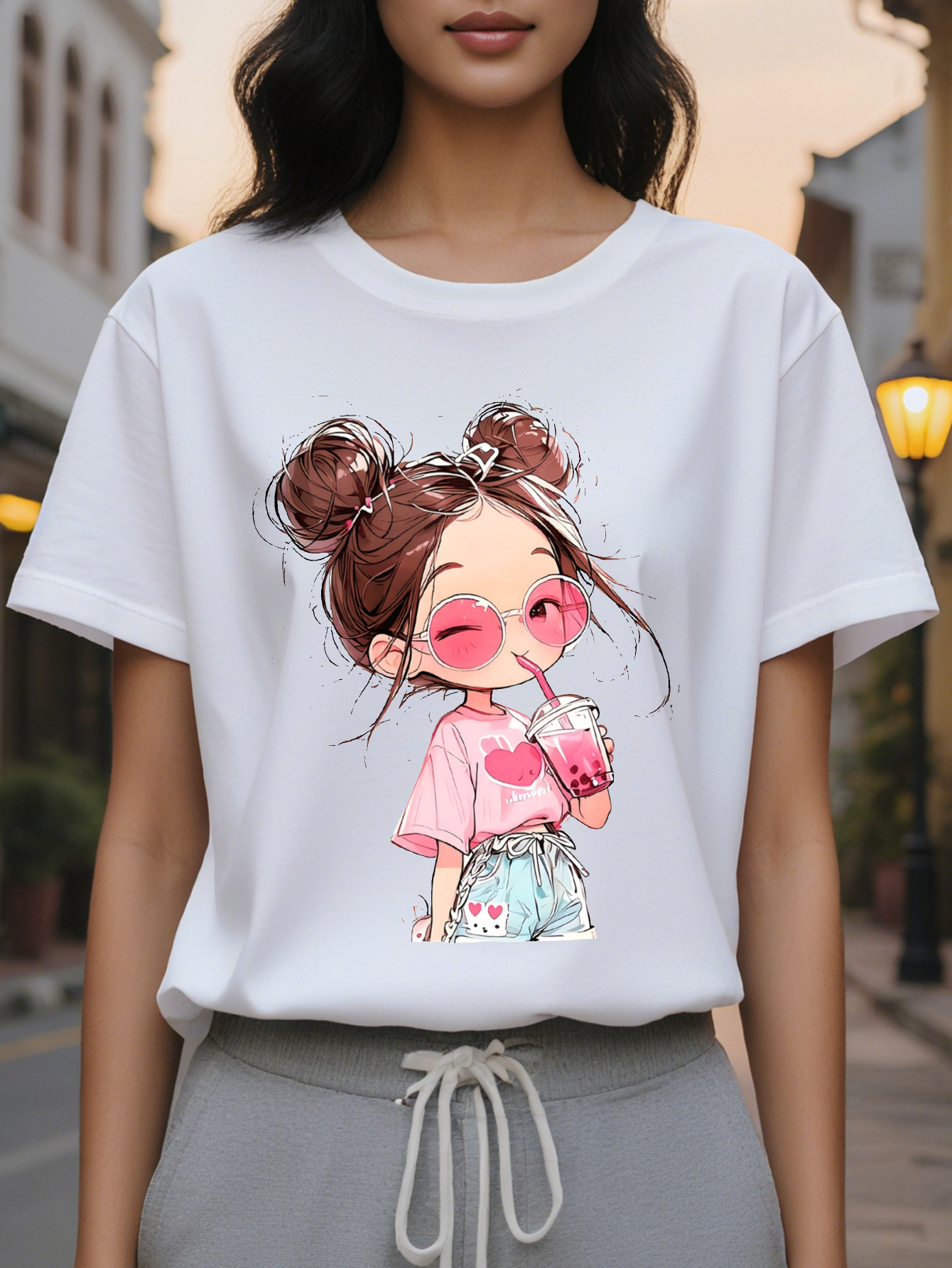 Large XL Women's Short Sleeve T-Shirt Cute Cartoon Print with Heart Glasses Drink Breathable Semi Sheer Round Neck Medium Plus Size