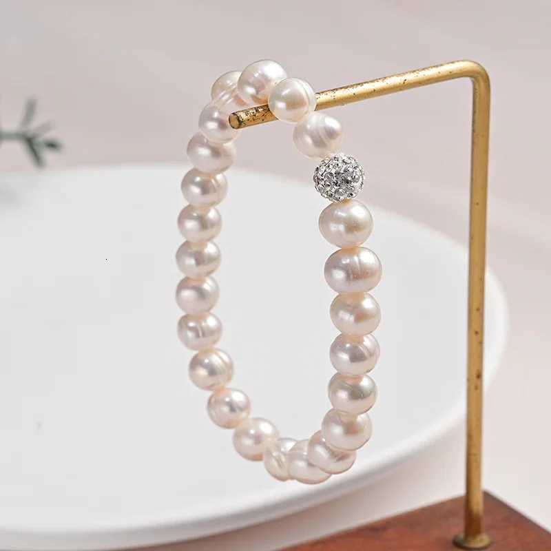89mm Natural Freshwater Pearls Bracelet for Women Punch Oval Thread Elastic Rope Bracelet Zircon Sphere Bangle Fashion Jewelry Y250904