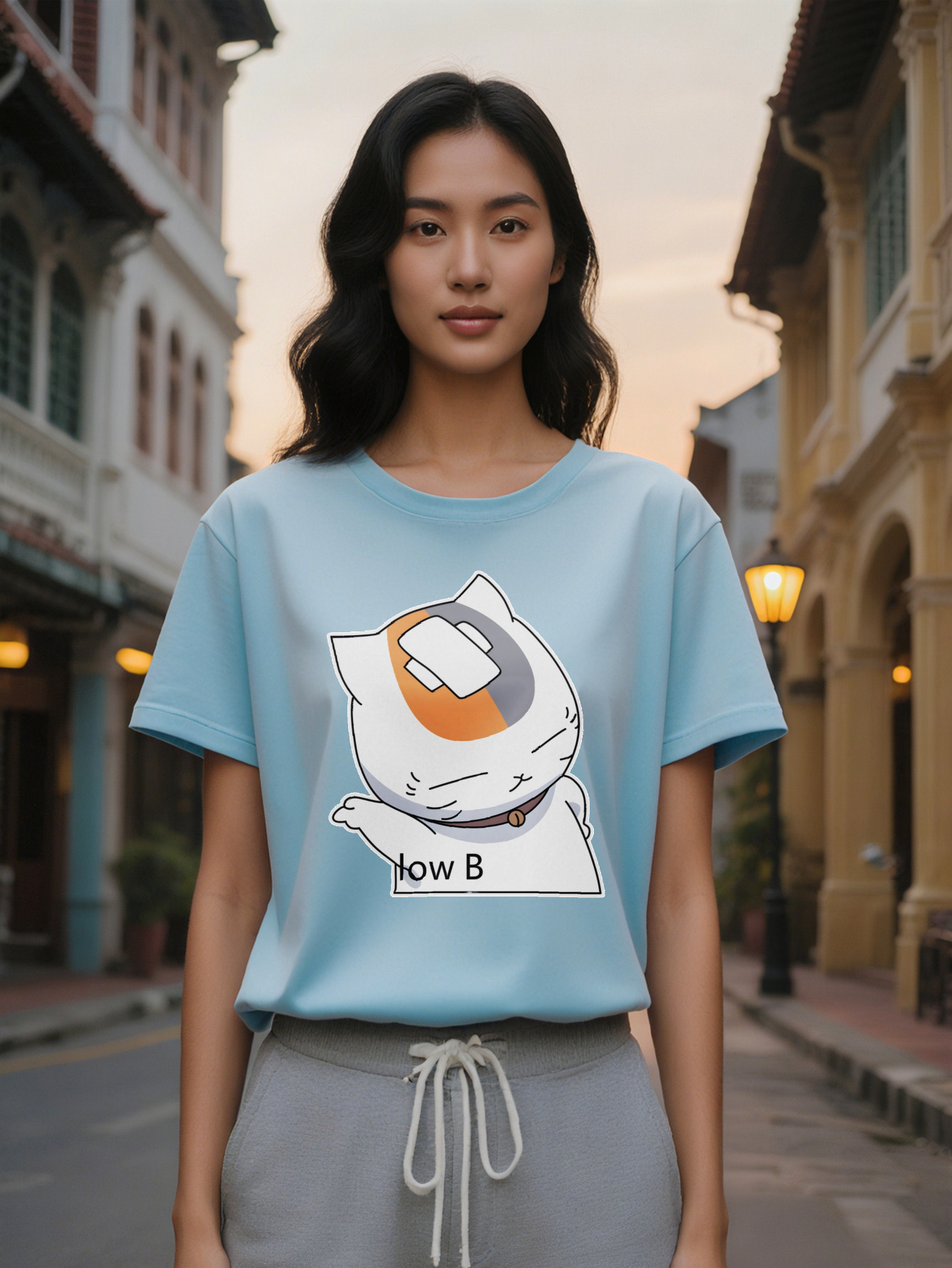 Large XL Lady Casual Versatile Round Neck T-Shirt Featuring Cartoon Cat with Orange and Gray Patch Prints Perfect as a Gift for Plus Size