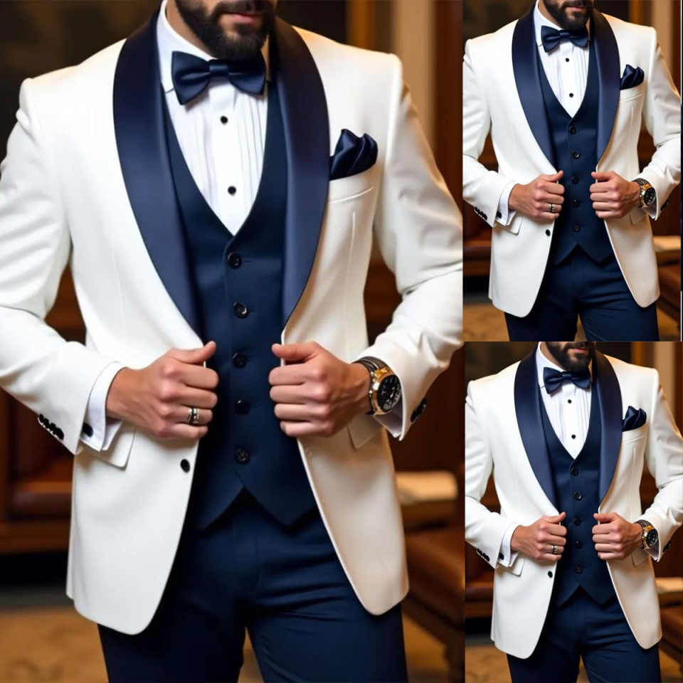 Formal Wedding Tuxedos 3 Piece Set Shawl Lapel Men Suit Handsome Single Breasted Evening Prom Grooms Blazers Customized