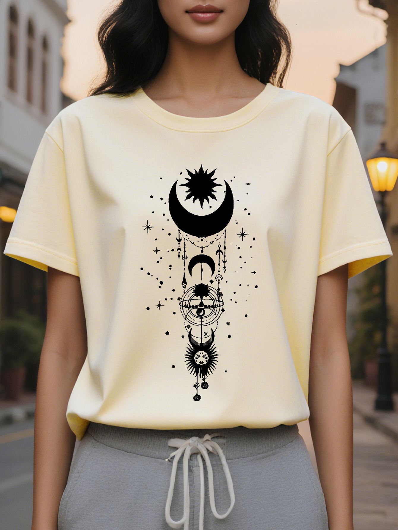 Ladies Celestial Body Pattern T Shirt Black White Sun Moon Star Printing Slim Short Sleeve Round Neck Casual