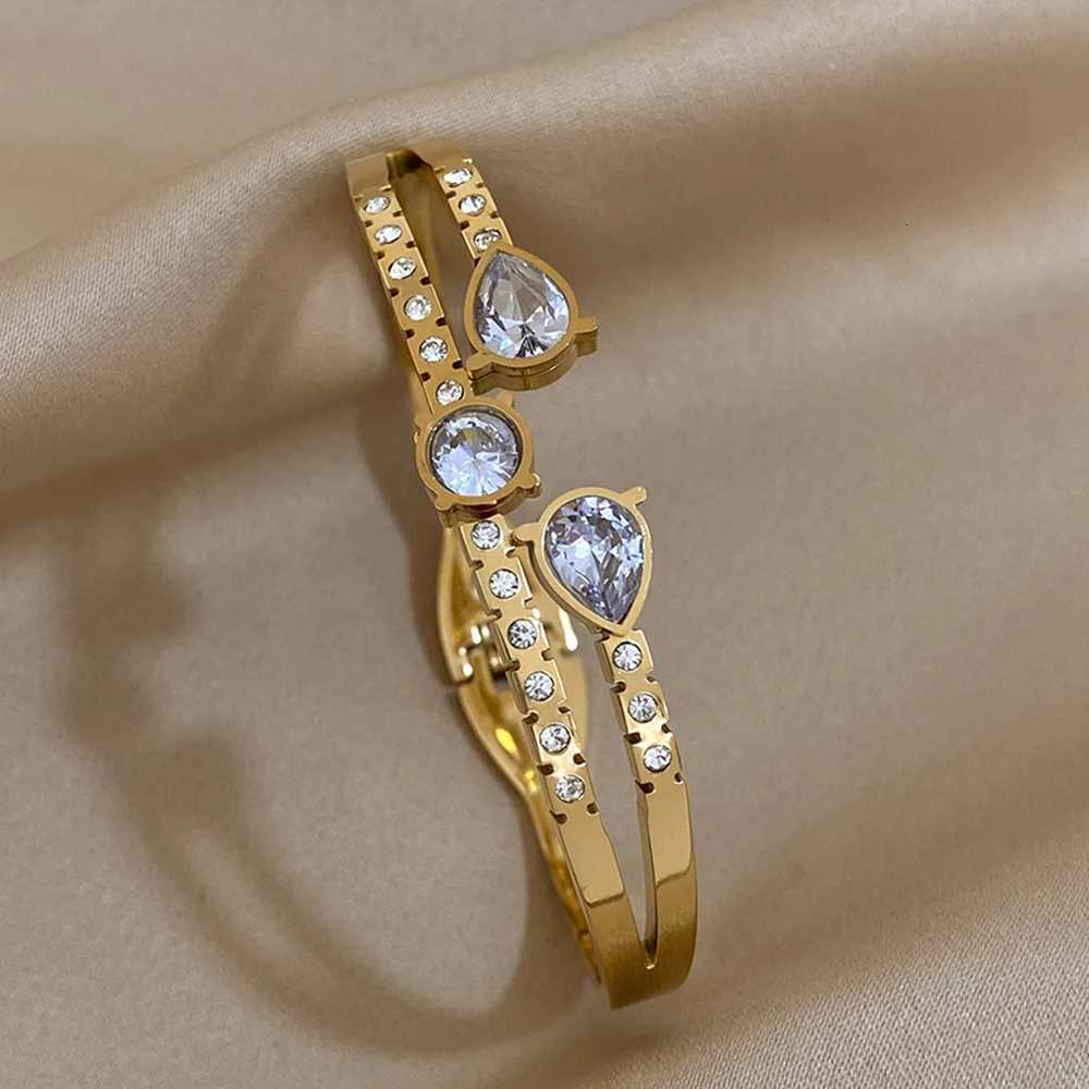 100 Stainless Steel Bracelets Luxury Shiny Gold Color Bangles Bracelets for Women Waterdrop Cubic Zirconia Bracelet Jewelry Y250904