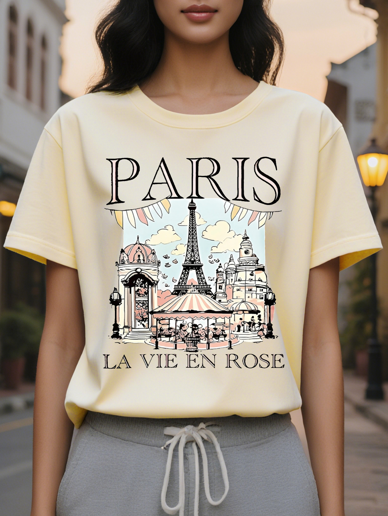 Paris Landmarks Print Fashion T Shirt Cotton Knit Fabric for Women Casual Crew Neck with Eiffel Tower Design All Seasons