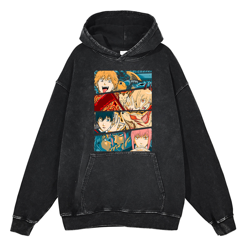 440g Heavyweight Washed Vintage Chainsaw Man Cartoon Anime Street Retro Cotton Hoodie Streetwear Hooded Sweatshirt - TT8250