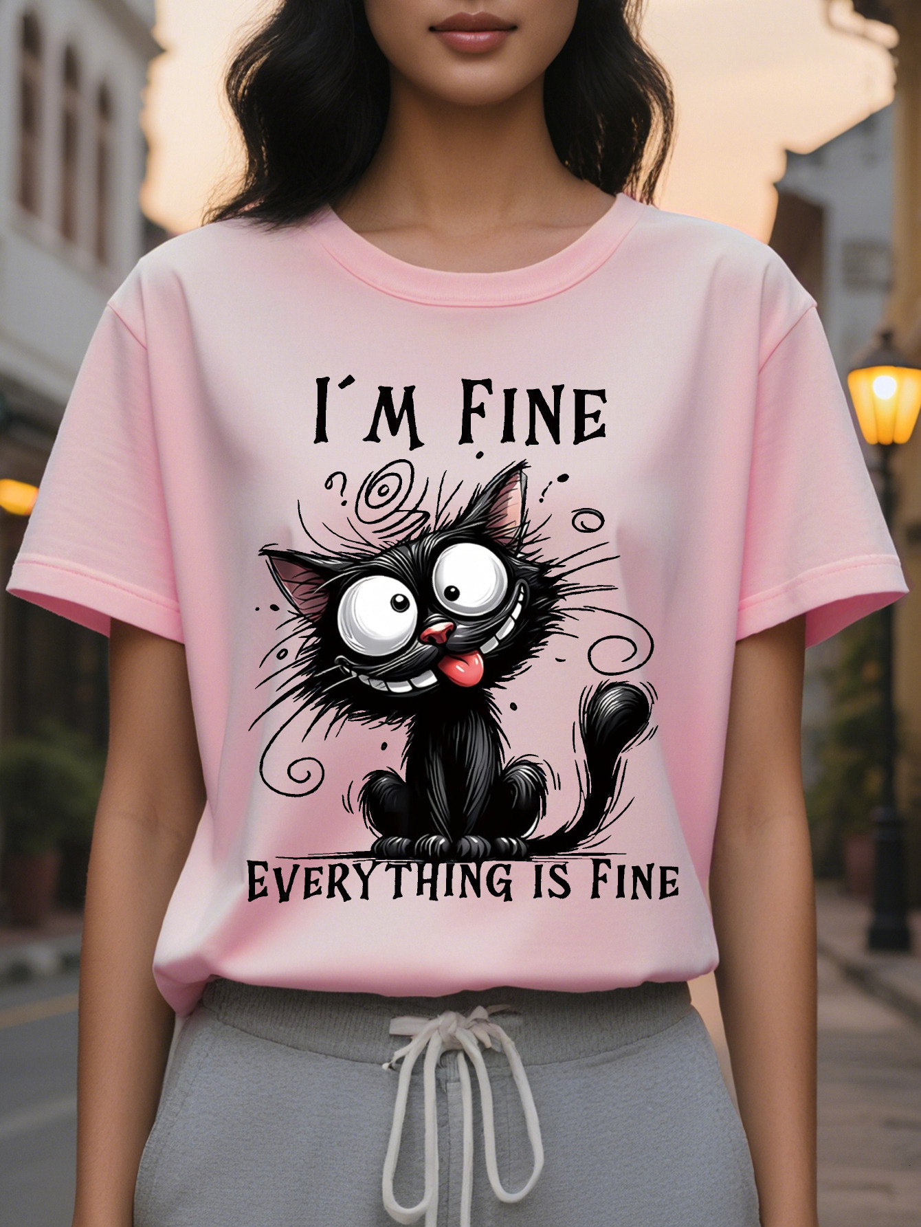 Large XL Humorous Casual Women's T-Shirt Light Yellow Short Sleeve I'm Everything Is Fine Graphic Print Crew Neck Summer Fit Plus Size