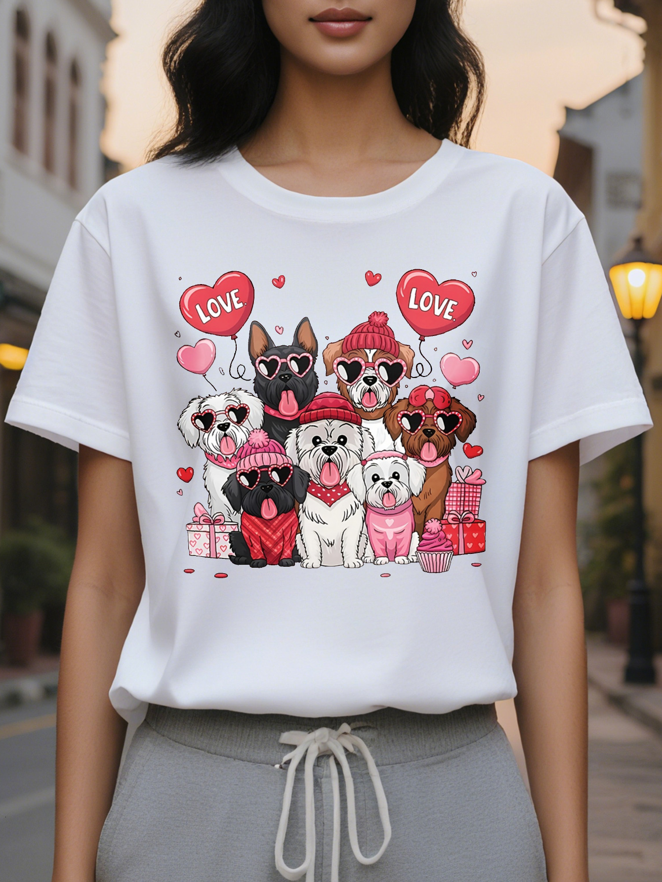 Love Puppy Graphic Print T-shirt Casual Short Sleeve Crew Neck Top for Spring Summer Women's Clothing