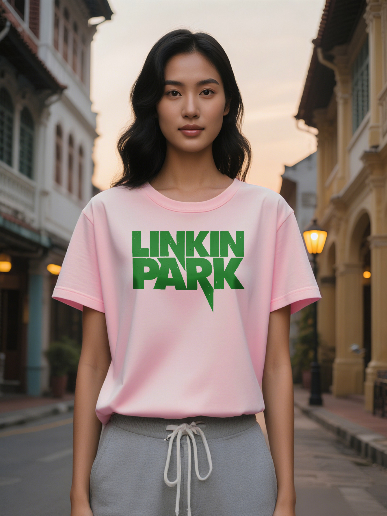 Large XL Casual Versatile Crew Neck T-Shirt with Green Rectangular Linkin Park Print Black Short Sleeve Top Perfect Gift for Plus Size