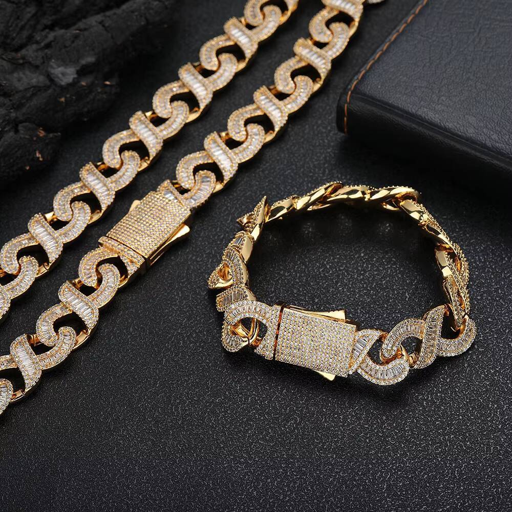 NUOYA Hip Hop Jewelry 15mm Infinite Sign Cuban Link Bracelet for Women Iced Out Baguetter Diamond Cuban Chain Bracelet for Women
