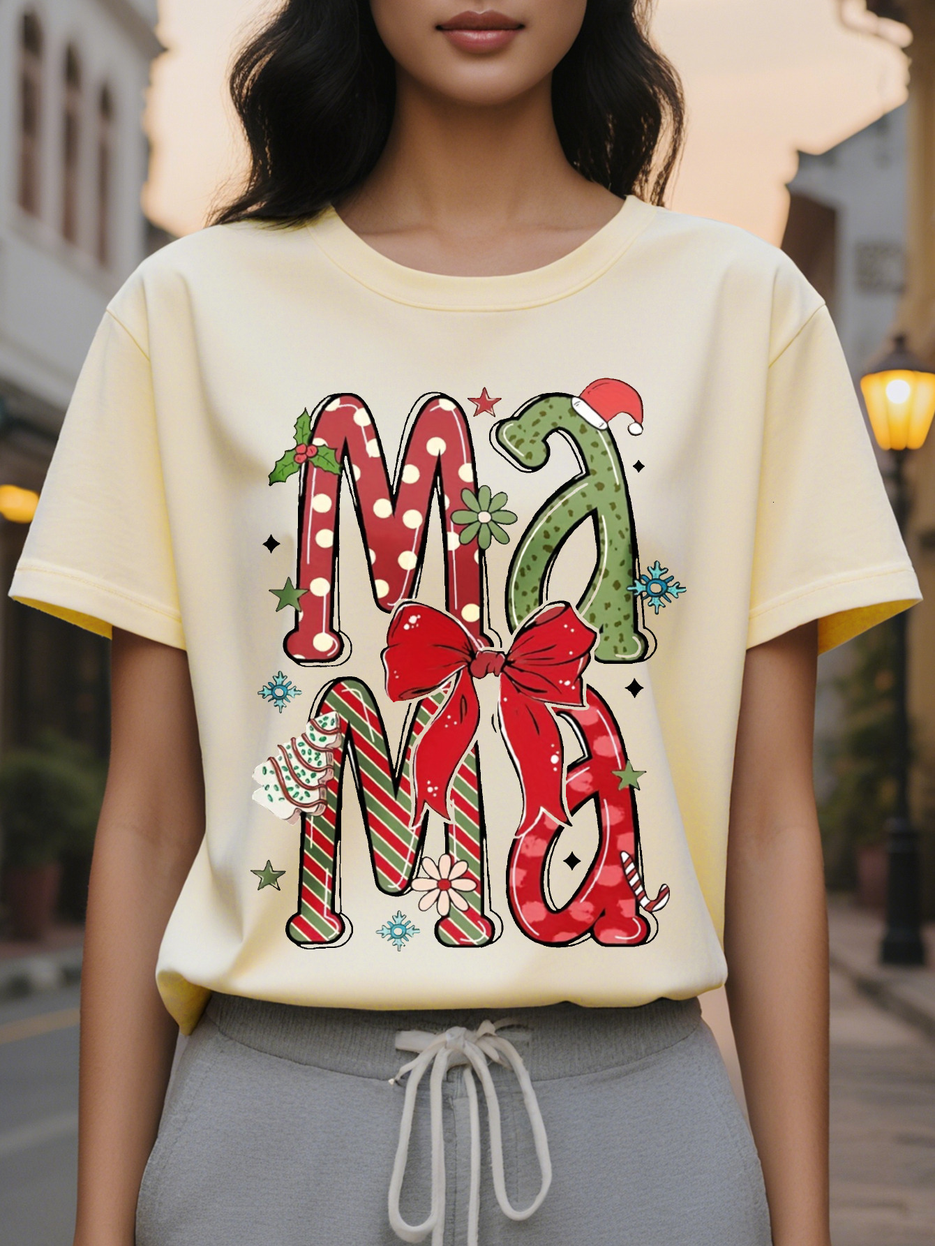 Large XL Cotton Knit All Season Women's Christmas Festive Print Casual Round Neck T-Shirt Regular Length Plus Size