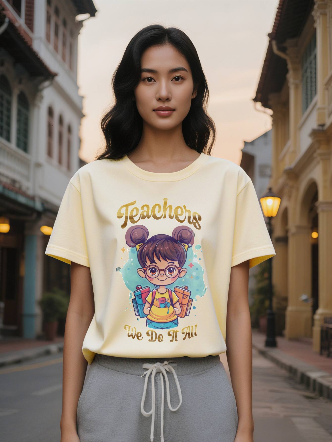 Large XL Lady T Shirt with Cartoon Girl Glasses Teachers We Do It All Print Black Tee, Washable Regular Fit Top for Plus Size