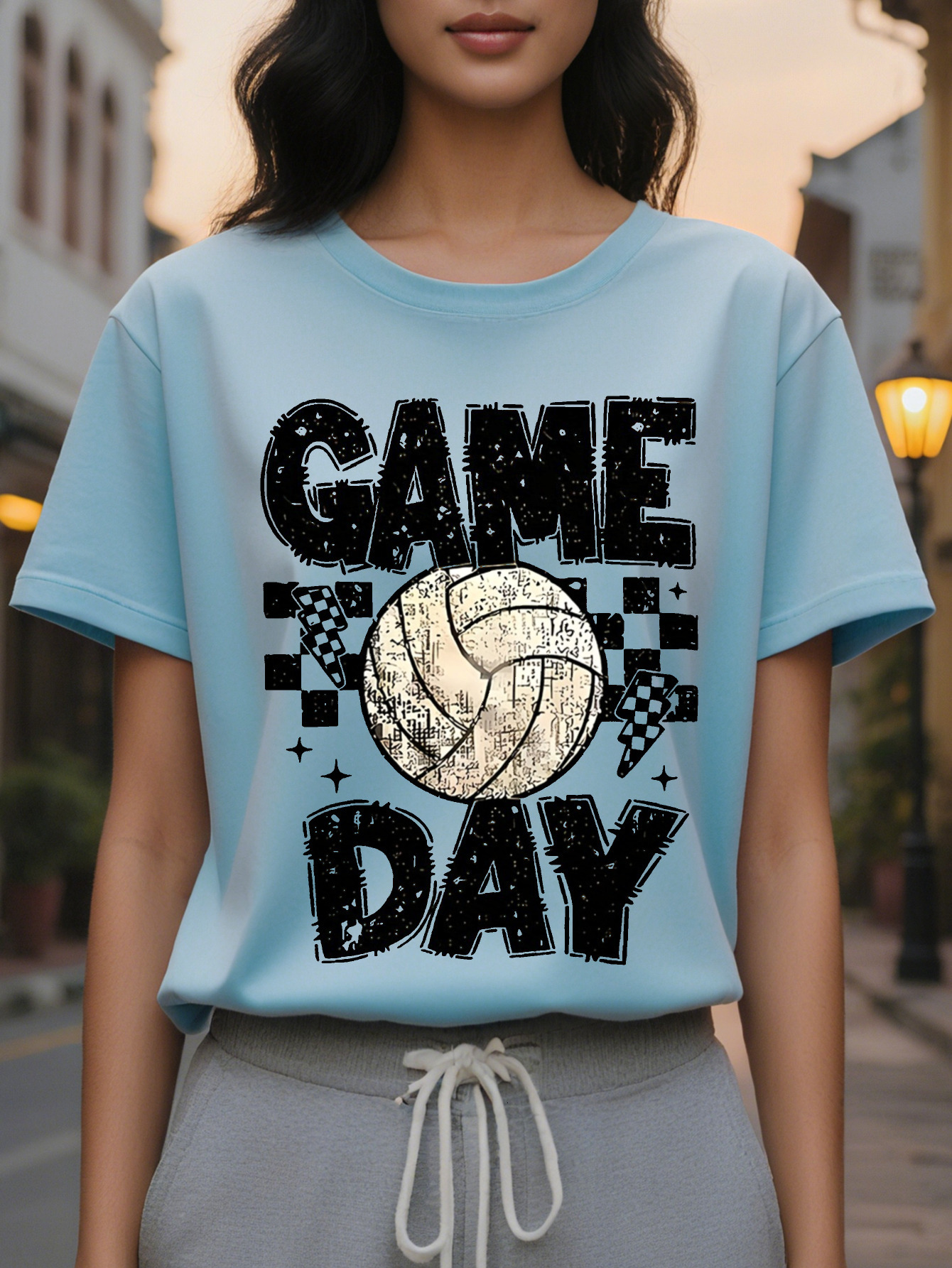 Match Day Women s T shirt Volleyball Plaid Printed Short Sleeve Spring and Leisure Loose Fit Washable Sportswear