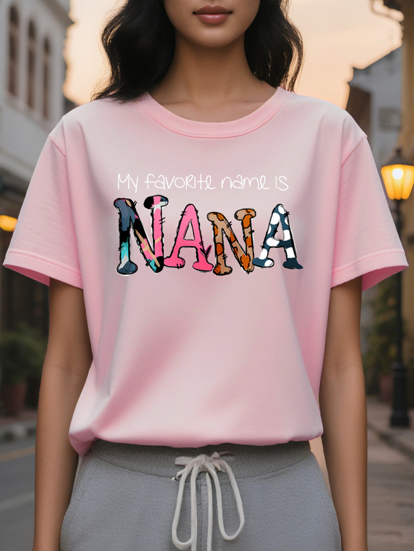 Women's casual sleeve T-shirt printed with the word NANA, spring and autumn slim top cotton