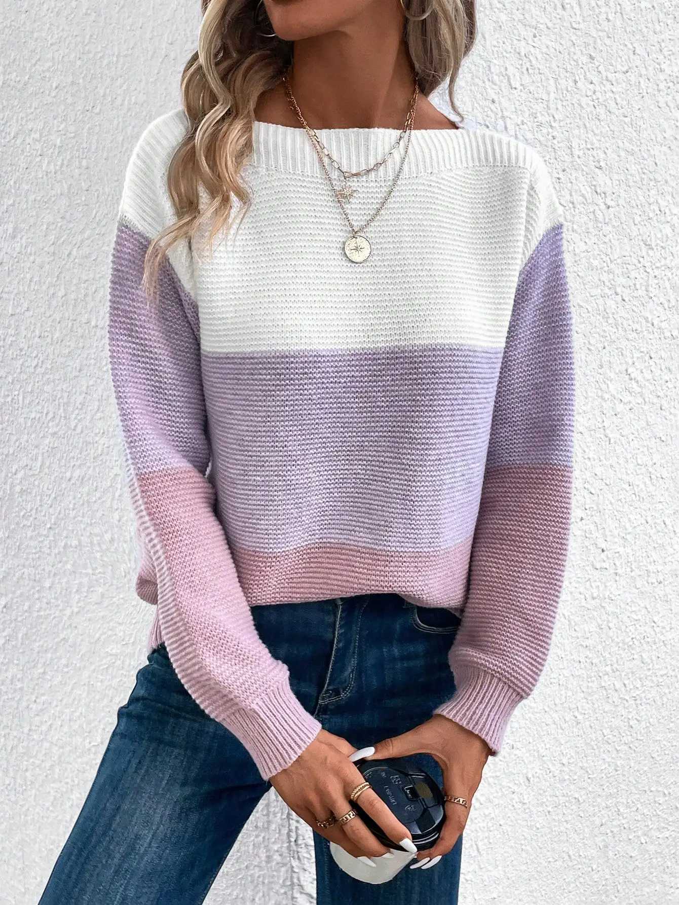 Elegant Threecolor Patchwork Sweater Women Daily Commuter Casual Loose Jumpers Female Autumn Winter Knitted Thickened Warm Tops M250904