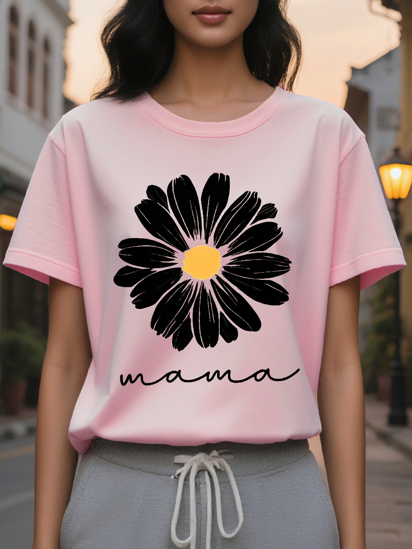 Mother's Short Sleeve T-Shirt Bright Orange Slim Crew Neck Jacket Black Flower Cursive Letter Printing Translucent