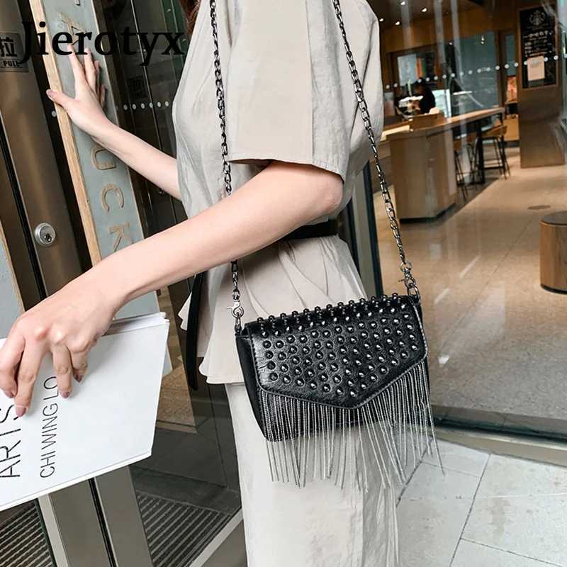 JIEROTYX FAshion Tassel Diamonds Design Mini Chain Shoulder Bag Crossbody Black Leather Female Bolsa Sac A Main Z250903