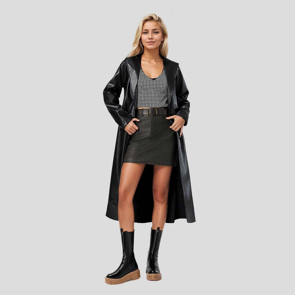 Extra Long Bathrobe Trench Spring Autumn Wrinkle-Resistant Fashion Women's Leather Coat New Style