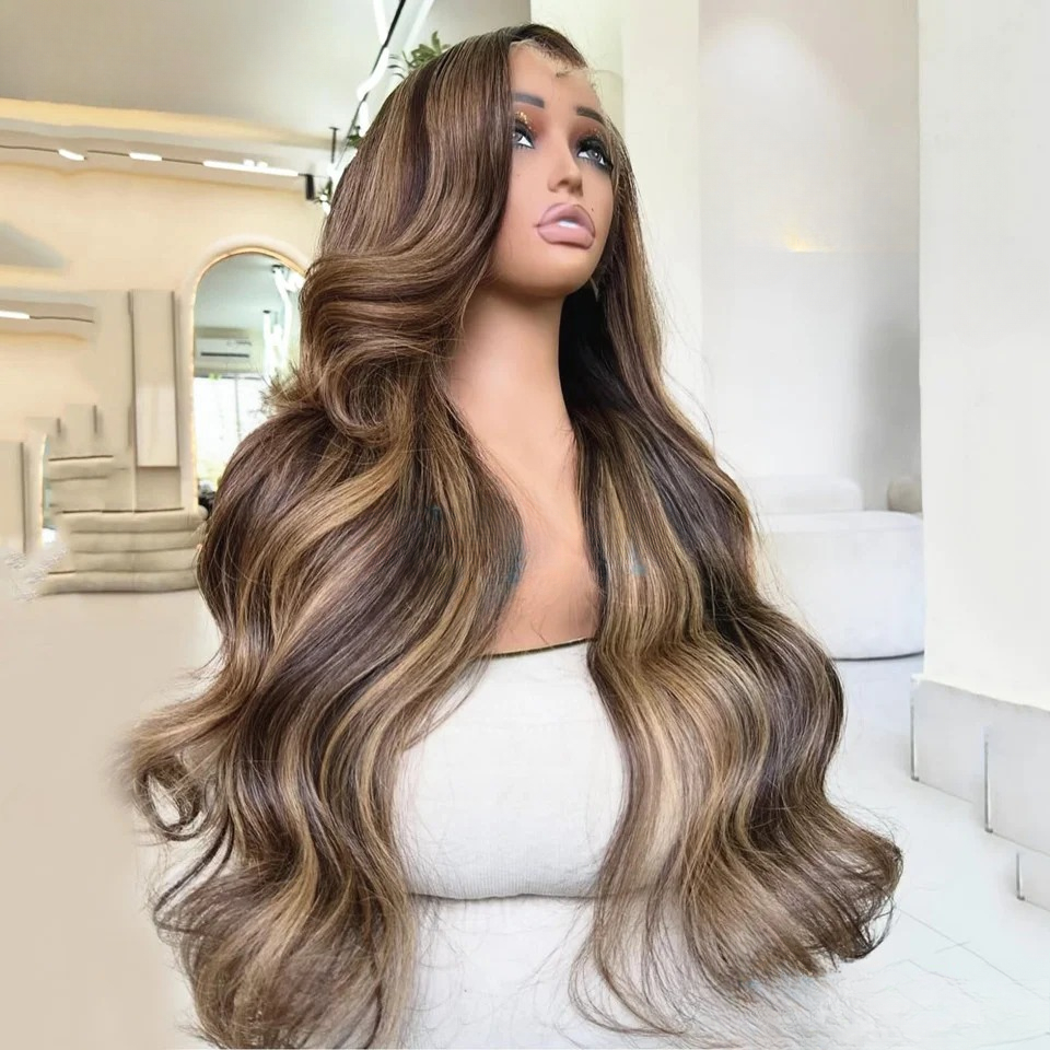 Natural Wavy Highlight Brown Blonde Human Hair Brazilian Body Wave Wig Glueless Human Hair Wear and Go Pre Plucked Bleached Lace 360 Human Hair Wig