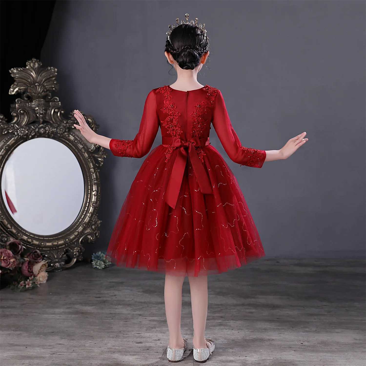 DW683 Childrens Girls Red Princess Dress Long Sleeve Piano Party Ceremony Flower Girl Gown Z250904
