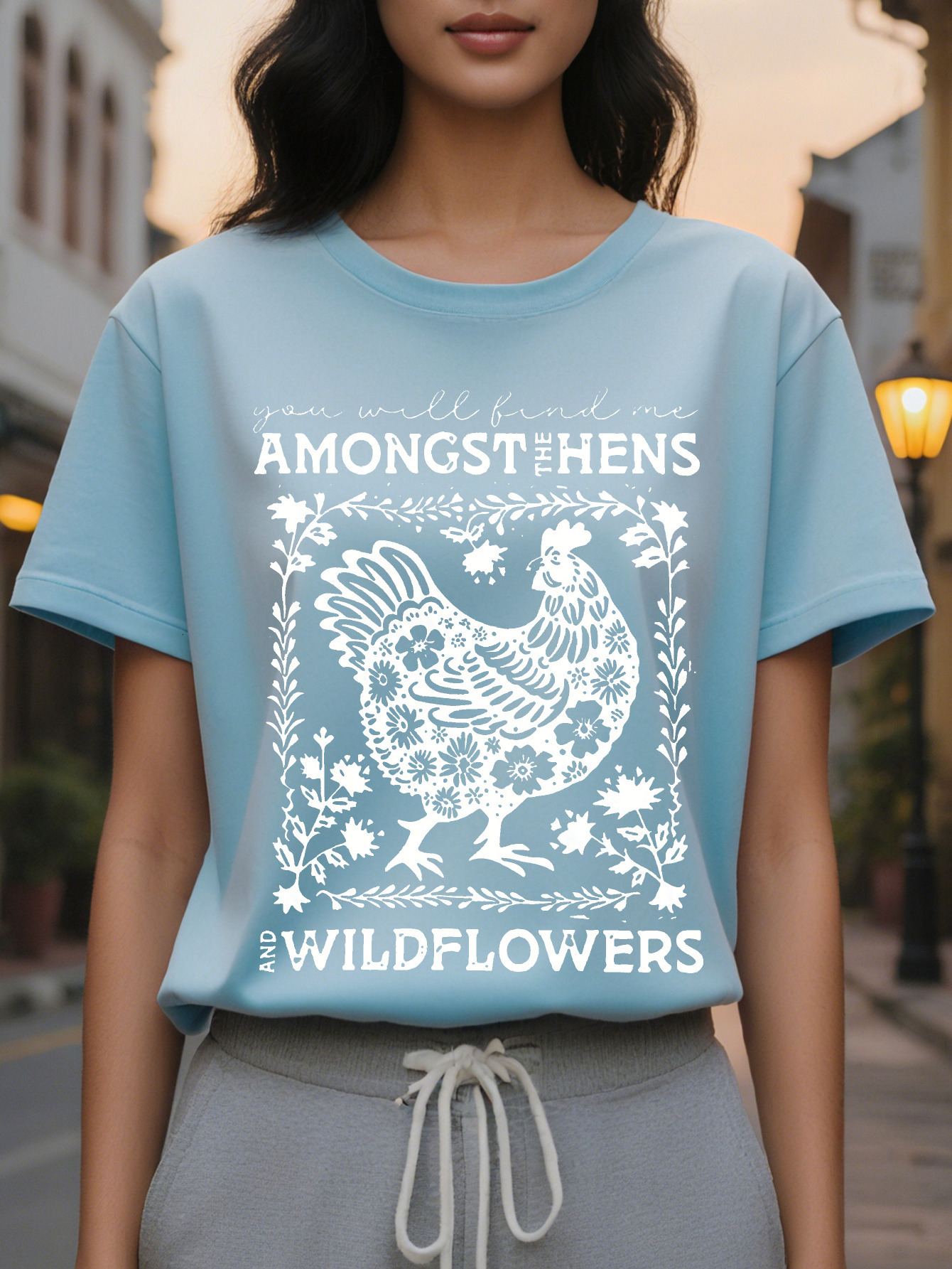 Large XL Women s Casual Crew Neck T Shirt With Hen And Wildflower Print Material Cotton Rayon Plus Size