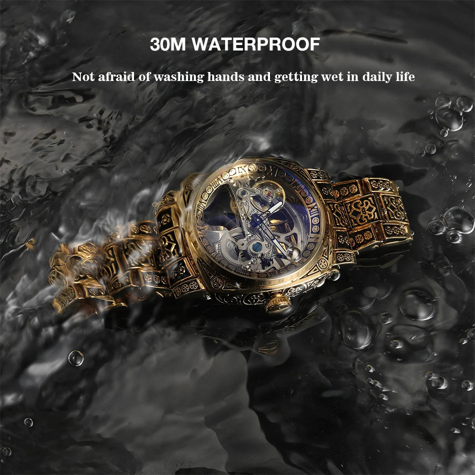 FORSINING Gold Skeleton Mechanical Men Watch Automatic Movement Clock Stainless Steel Strip Male Bronze Wrist Watches 250903