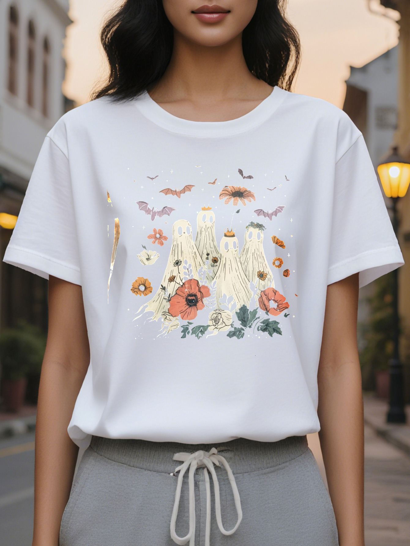 million Holy Festival Women's Casual T-shirt Crown Ghost Flower Bat Pattern soft and breathable round neck