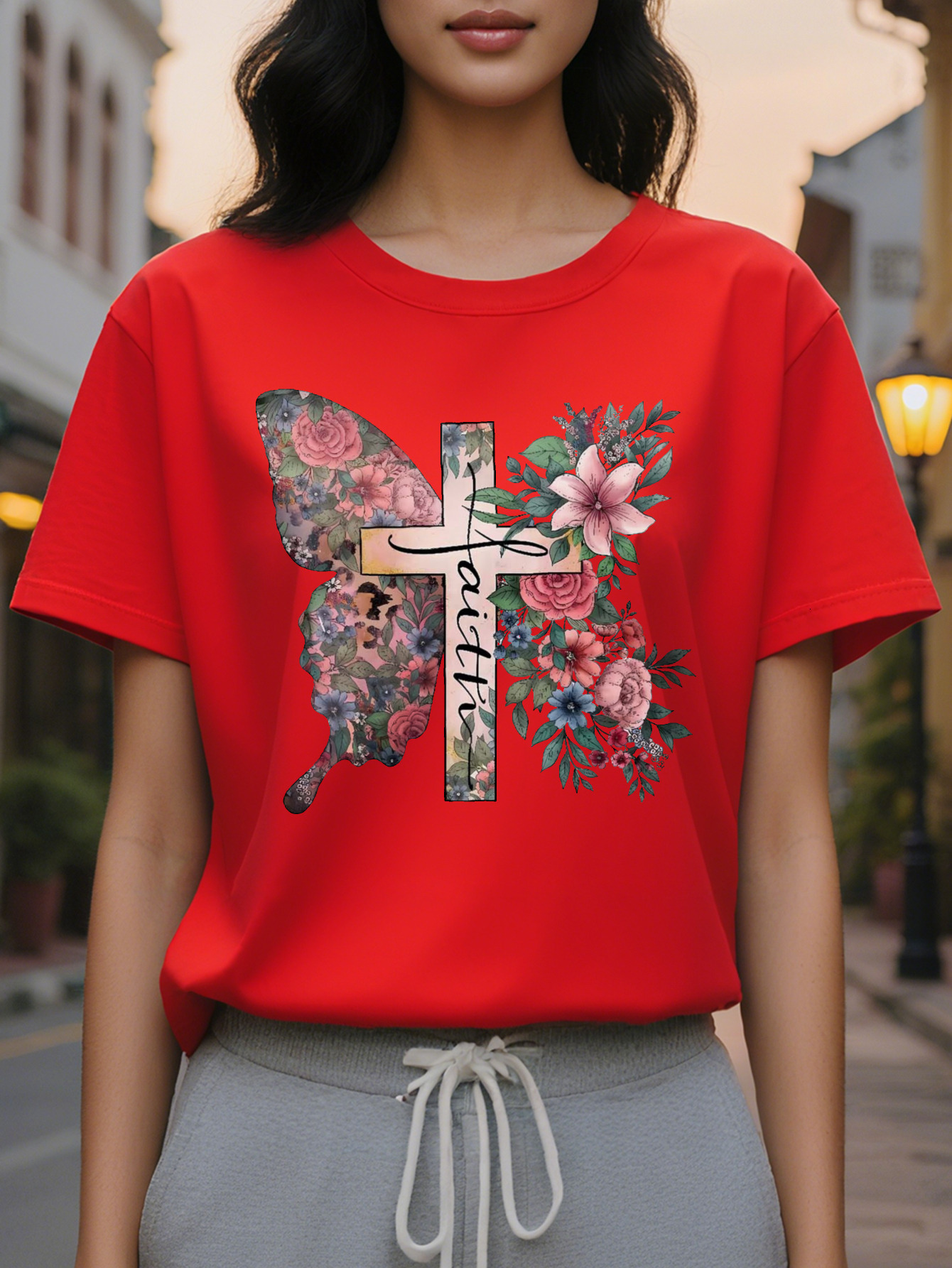 Butterfly and Cross Print Short Sleeve T-Shirt Round Neck Casual Summer Spring Top Women's Clothing