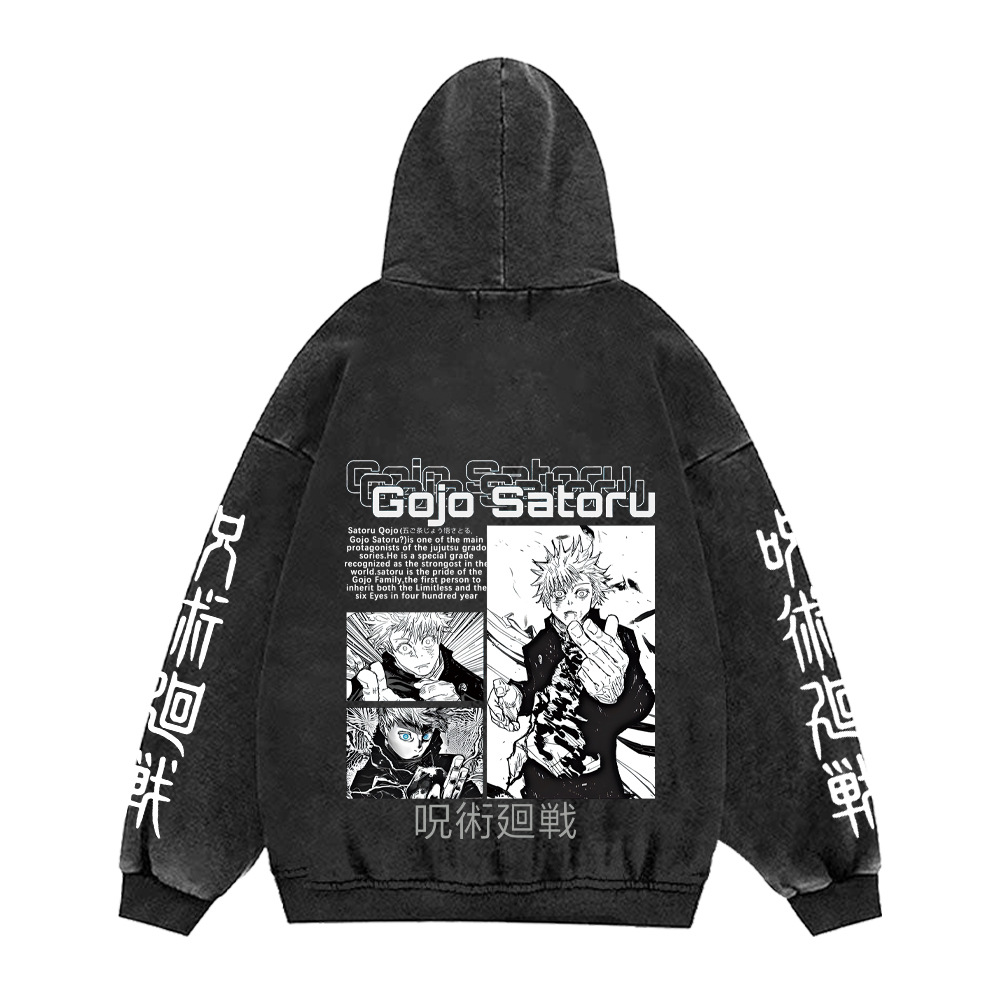 440g Heavyweight Washed Vintage Jujutsu Kaisen Print Street Retro Hoodie Streetwear Hooded Sweatshirt - VT2416