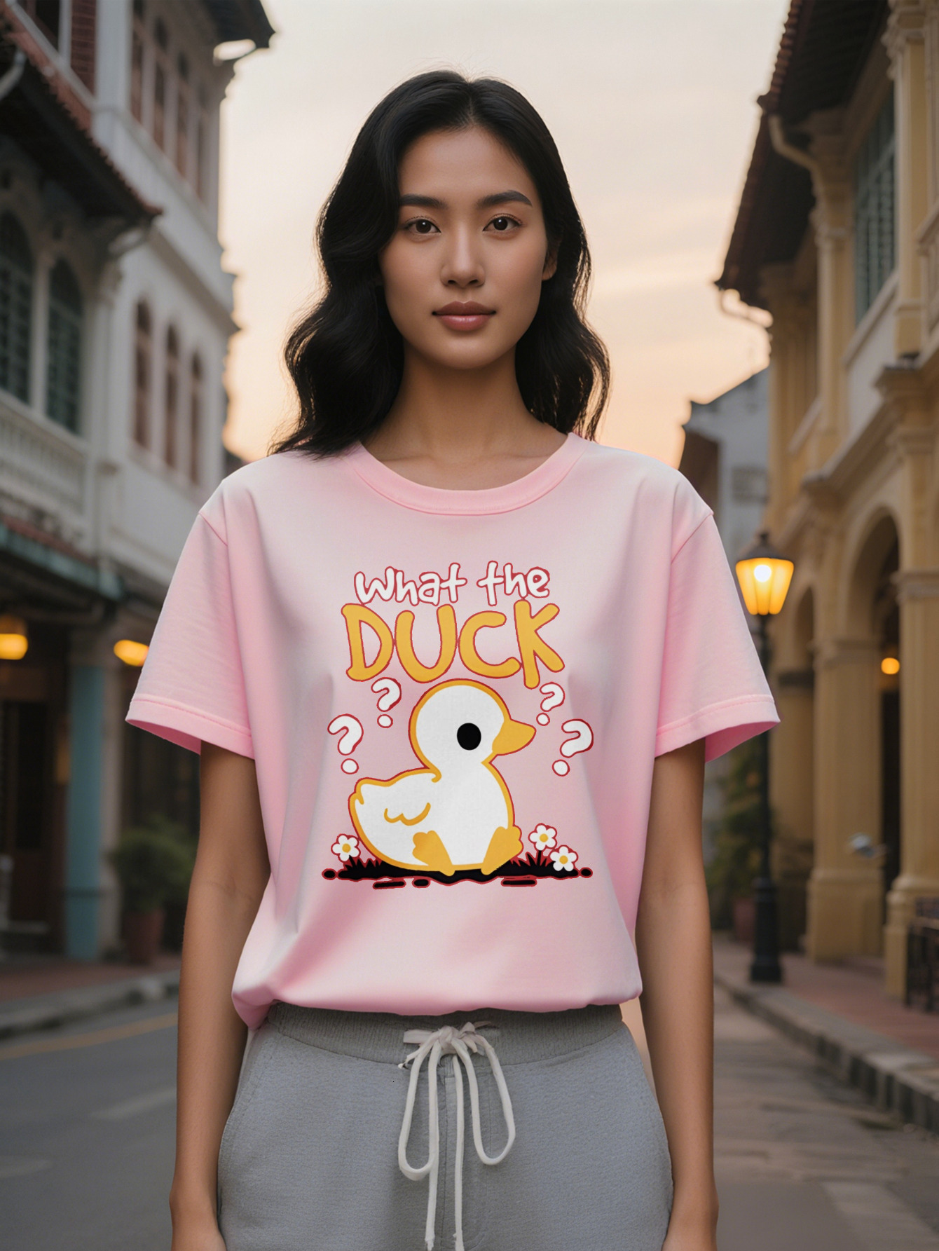 Large XL Women's Casual Graphic T-Shirt with What the Humorous Print Black Round Neck Summer Tee Featuring Yellow Duck Floral Plus Size