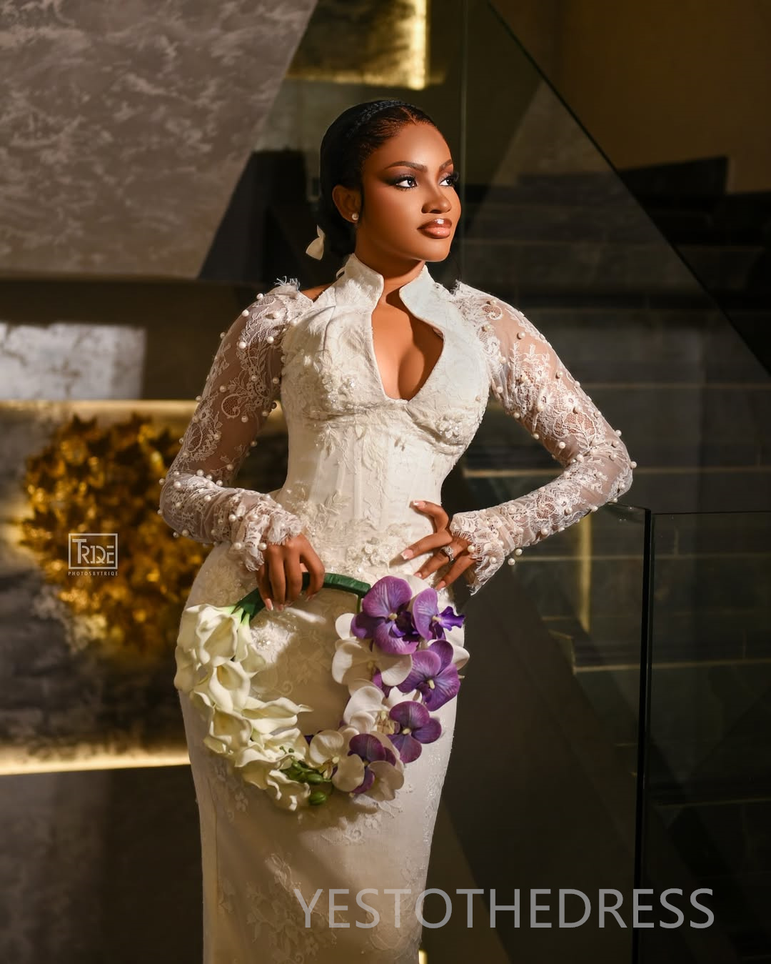 2025 Aso Ebi African Wedding Dress Bridal Gowns For Bride Mermaid Wedding Gowns High Neck Long Sleeves Pearls Beaded Lace Rhinestones Bridal Dress D63