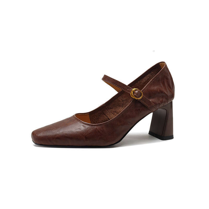 Soft Sheepskin Black High Heels French Style Chunky Designer Shoe Heel One Strap Mary Jane Women's Single Shoes