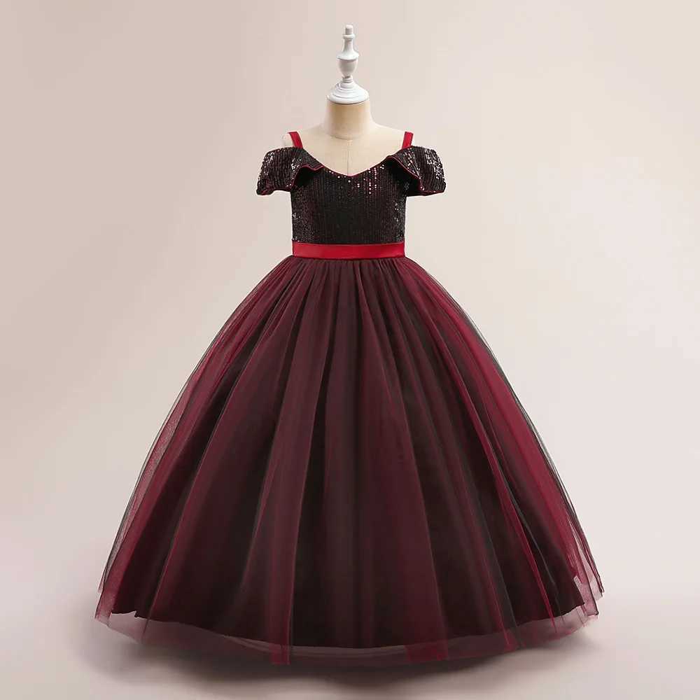 Fluffy Sequins Princess Girls Dress Bridesmaids Bow Tulle Wedding Kids Party Dresses for Girls Off Shoulder Pageant Birthday Gown Z250904