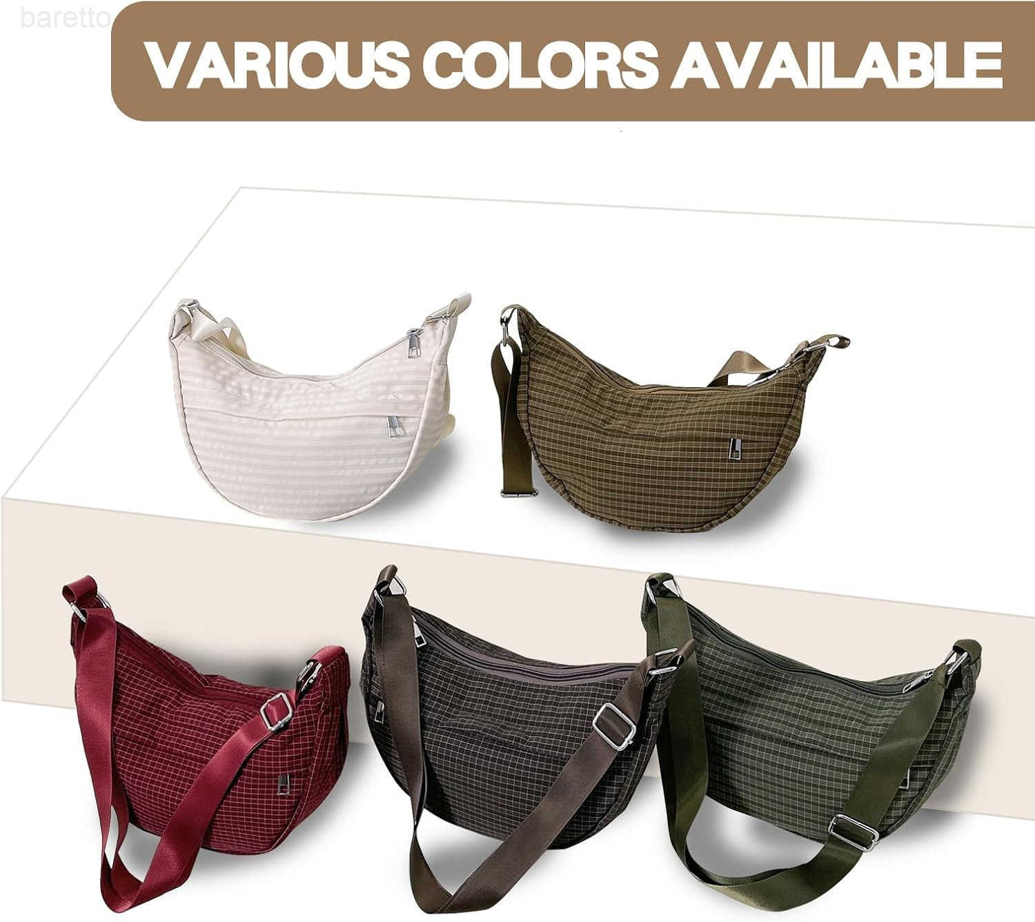 Checkered Nylon Crescent Bag for WomenMoon Bag with Metal Zipper and Card Slots M250903