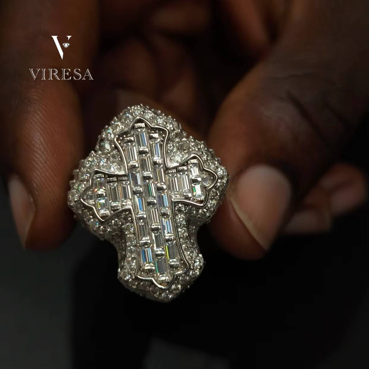 Mens Luxury 925 Sterling Silver Baguette Cut Cross Ring Custom Hip Hop Style VVS Moissanite Diamond Ring