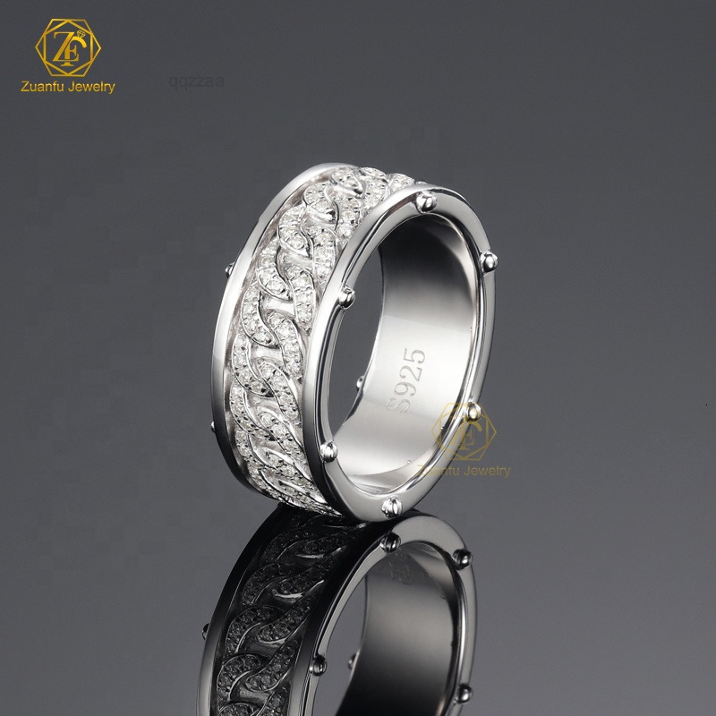 Factory Price 925 Sterling Silver VVS Moissanite Diamond Jewelry Rhodium Plated 8MM Cuban Link Chain Band Ring for Men