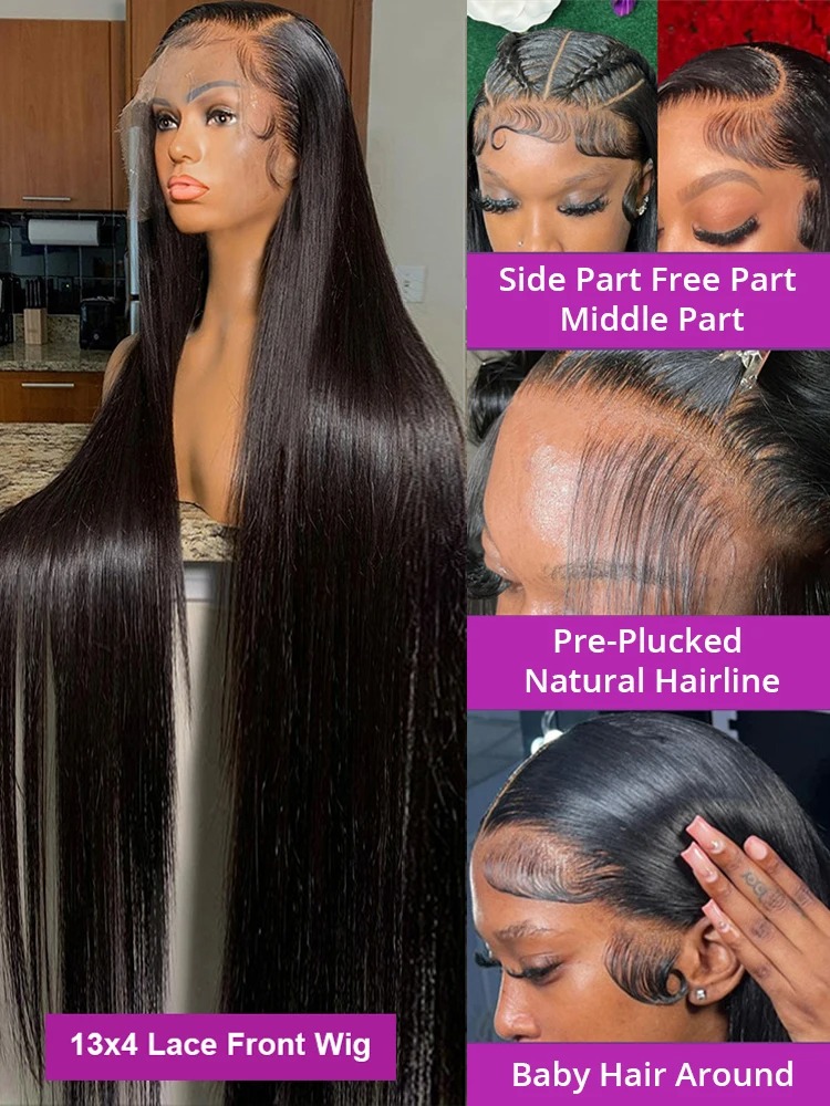 40 Inch 200 Density Straight Human Hair Wig For Black Women Brazilian Wigs 13x4 HD Transparent Lace Front Wig Wear And Go 360 Full Lace Wig For Wemon