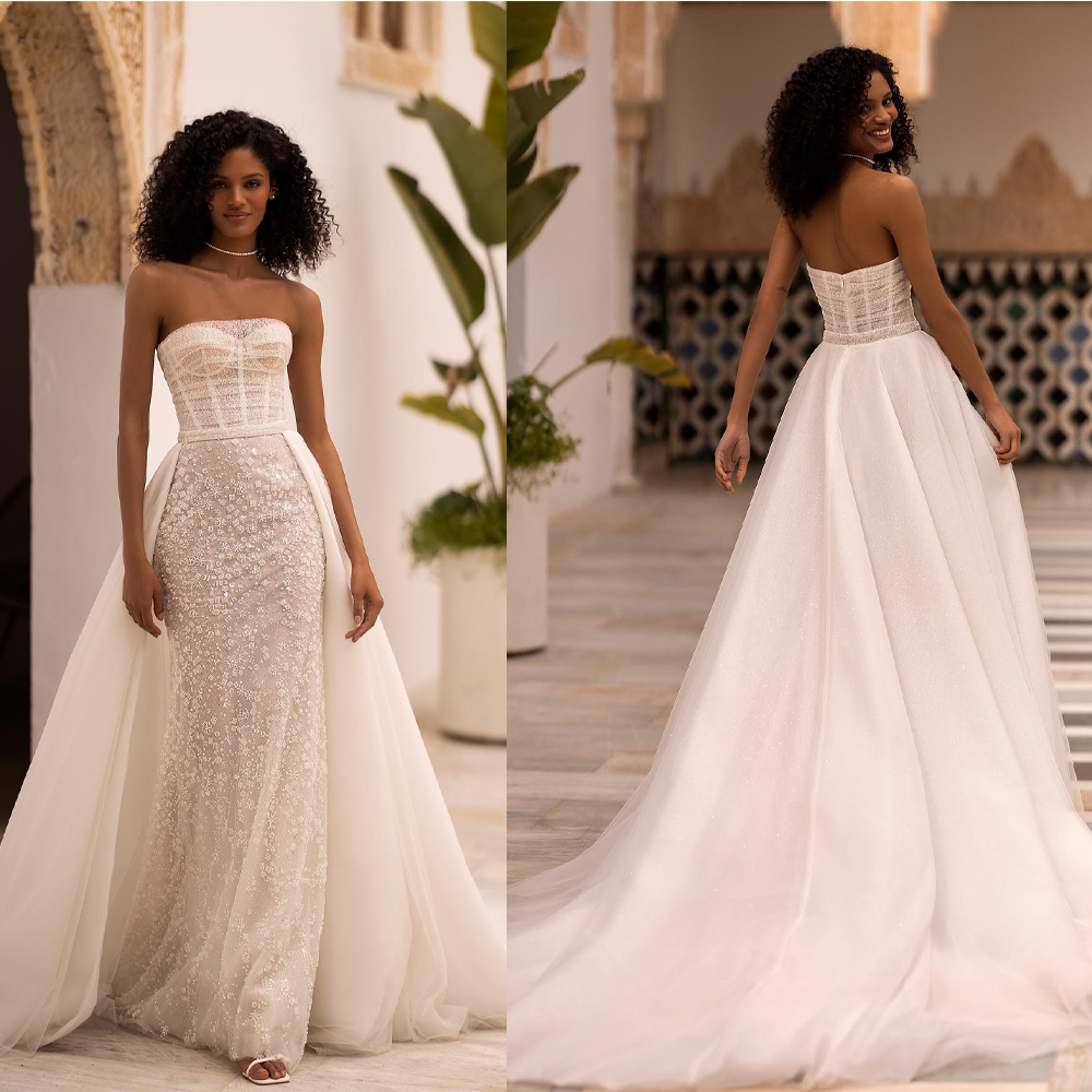 Classic Mermaid Wedding Dress Sequins Lace Bridal Gowns Strapless Sleeveless Detachable Train Dresses Custom Made vestidos de novia