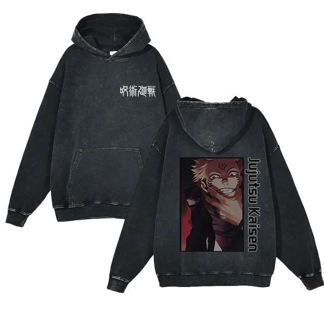 440g Heavyweight Washed Vintage Jujutsu Kaisen Anime Battle Retro Cotton Hoodie Streetwear - VT1673