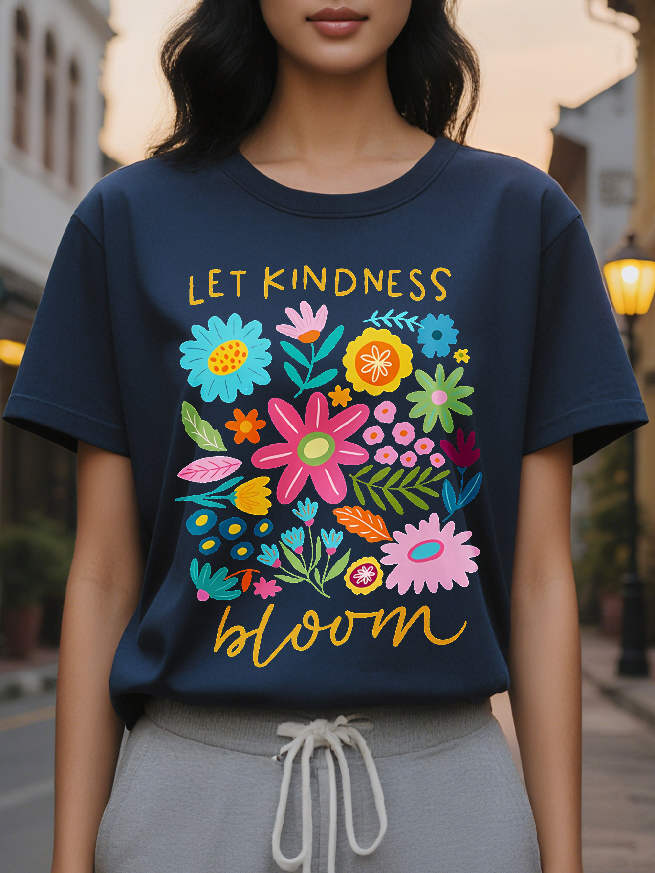 Large XL Women S Casual Floral Print T-Shirt Let Kindness Bloom Design with Vibrant Flowers Short Sleeve Crew Neck Perfect Plus Size