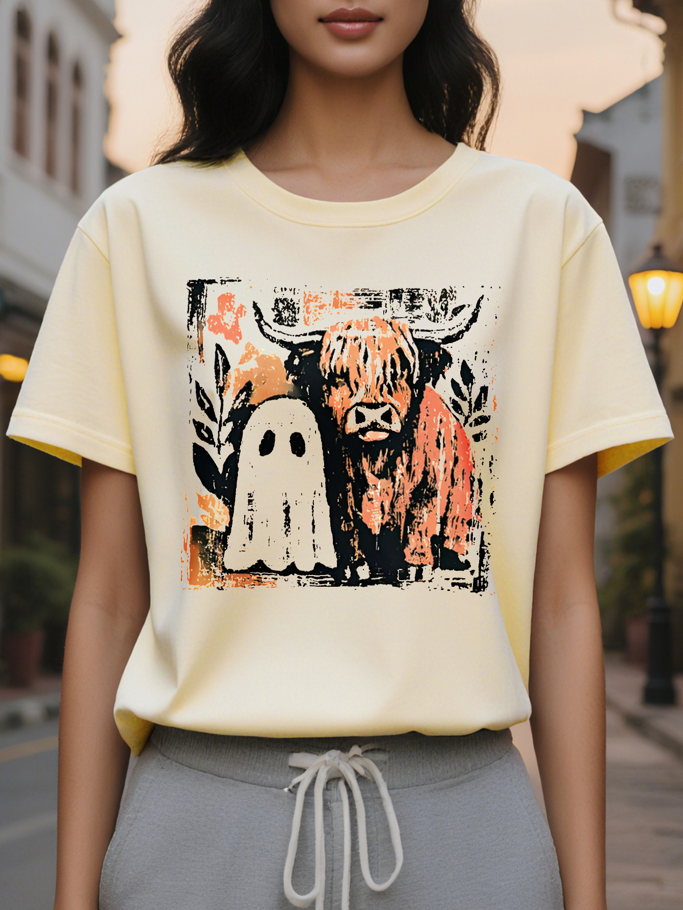 Women s Halloween Round Neck Pullover with Scottish Print Beige Orange Plaid Pattern Cozy Fall Christmas and Casual