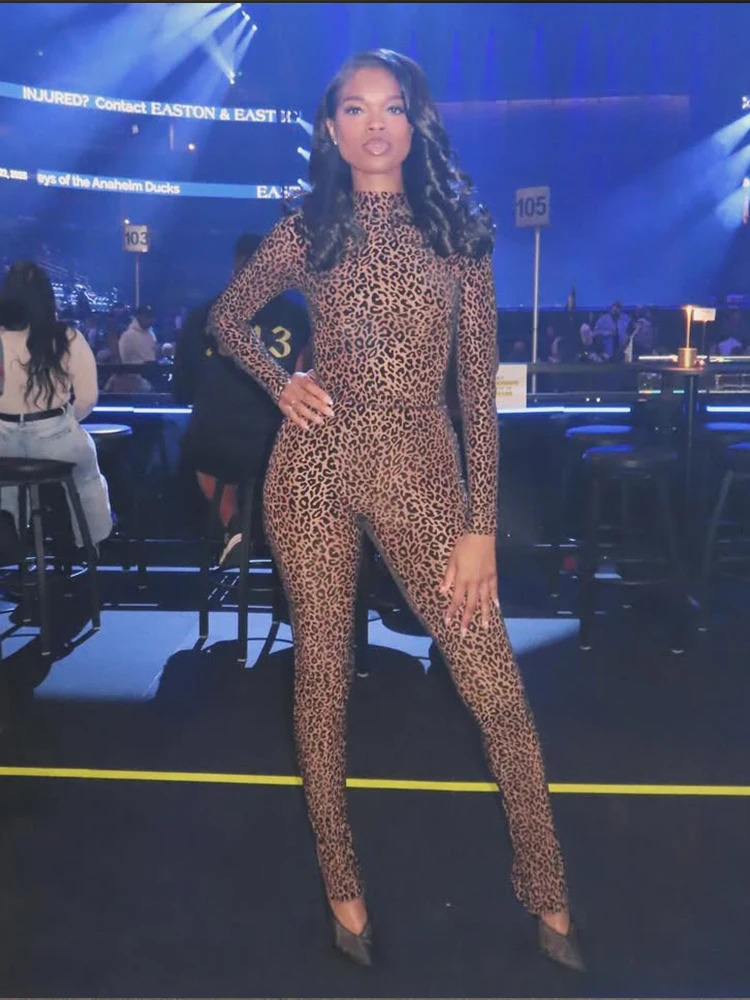 Weird Puss Sexy Leopard Mesh Jumpsuit Women Sexy Hipster Zip Stretch Midnight Workout Clubwear Autumn Fitness Street Overalls 250904